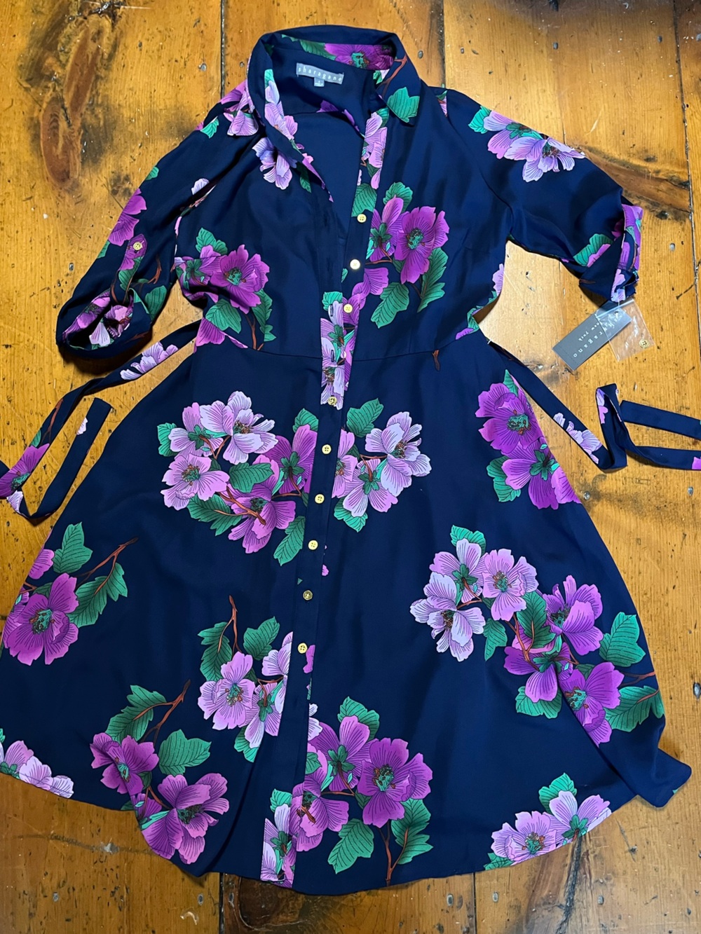 NWT lined Sharagano 6 button down collared floral dress navy blue orchid pink
